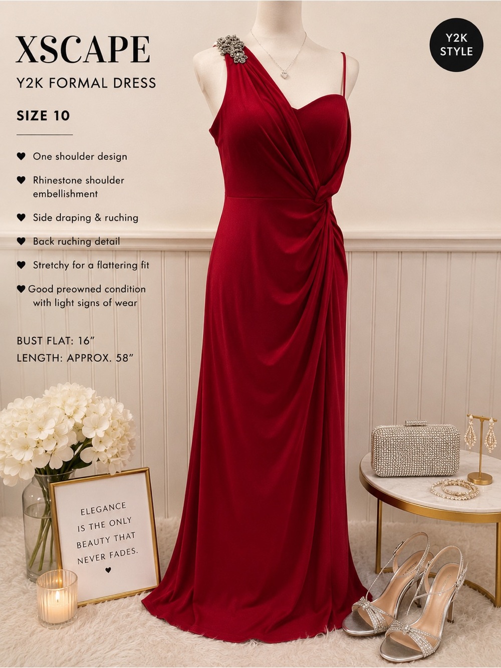 Y2K Xscape Deep Red One Shoulder Formal Dress Size 10